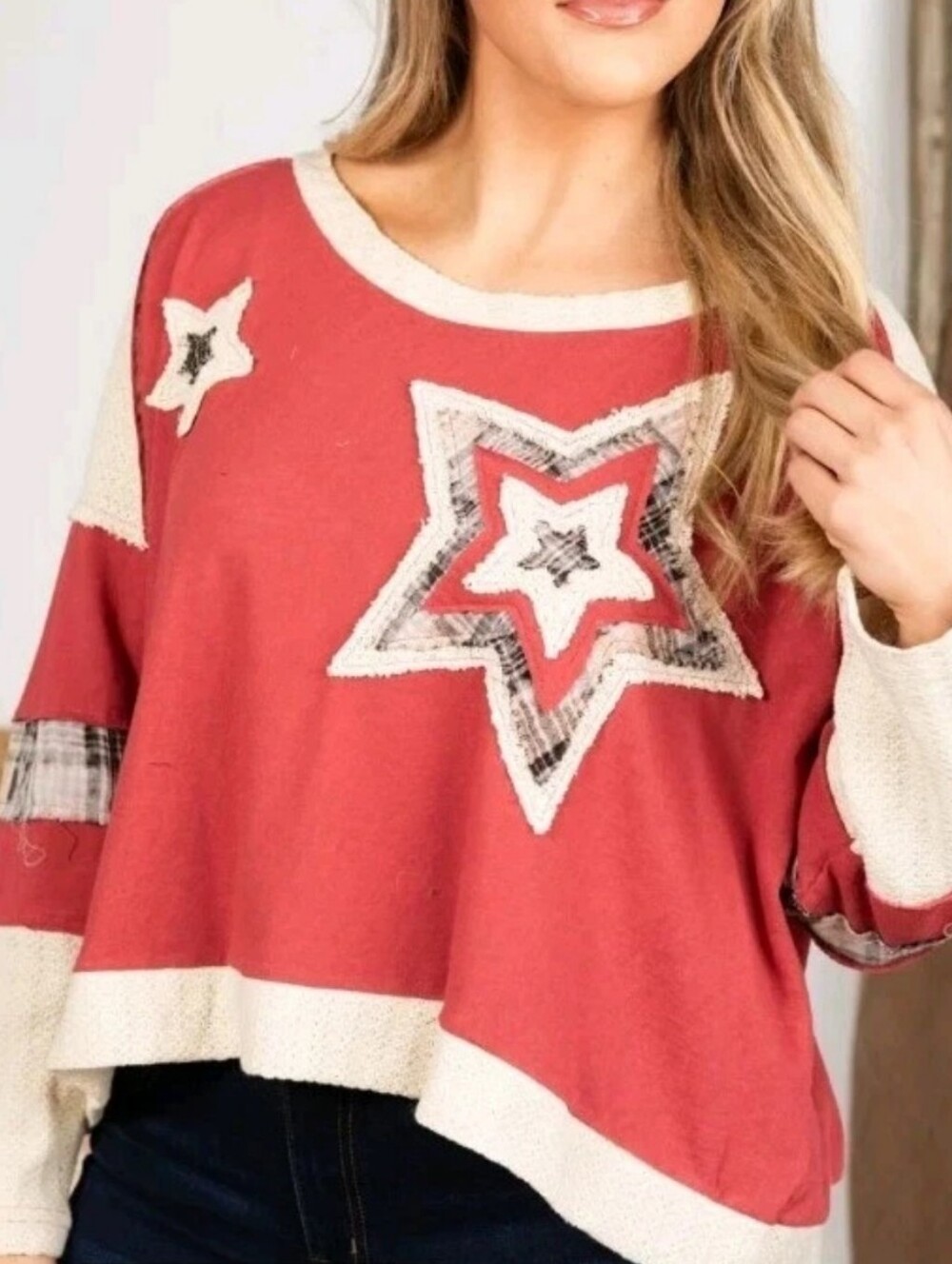 POL Boho Women's Star Patchwork Sweater Cozy Oversize Pullover Size Large